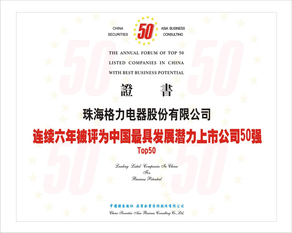连续六年被评为中国最具发展潜力上市公司50强证书
